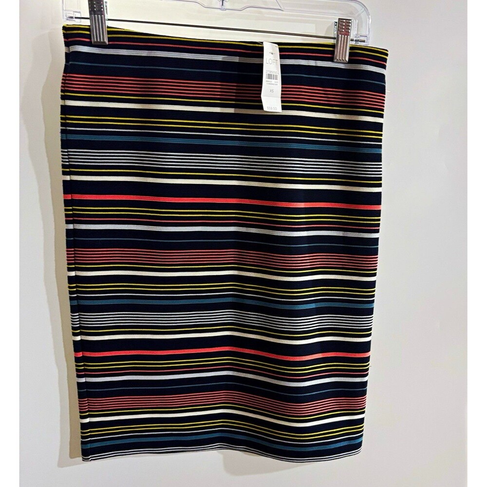 LOFT Women's Striped Knit Stretch Pencil Knee Skirt Elastic Waist XS Pull On